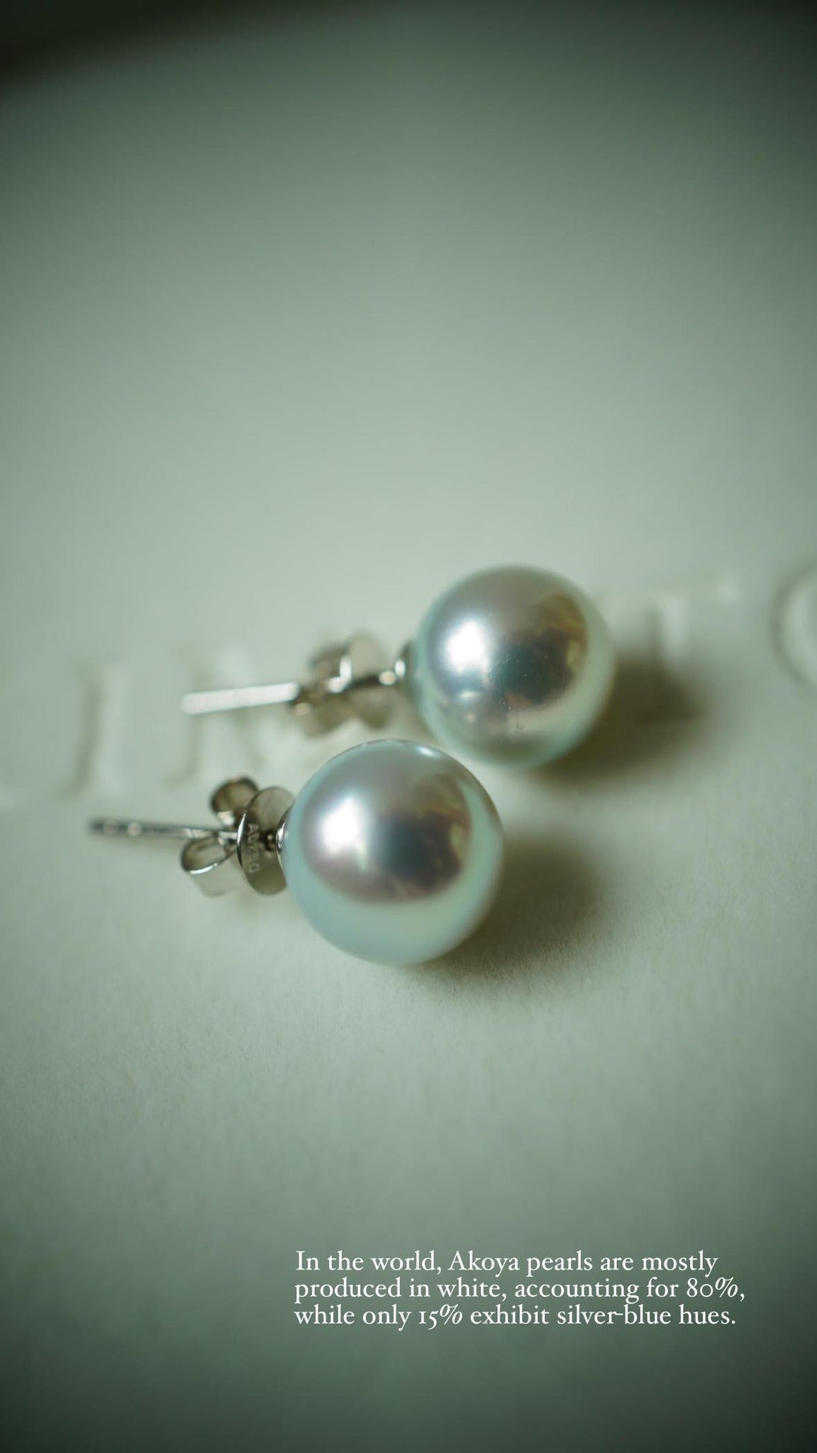 Rare silver-blue Akoya pearl stud earrings on a soft background, showcasing natural high luster and round shape