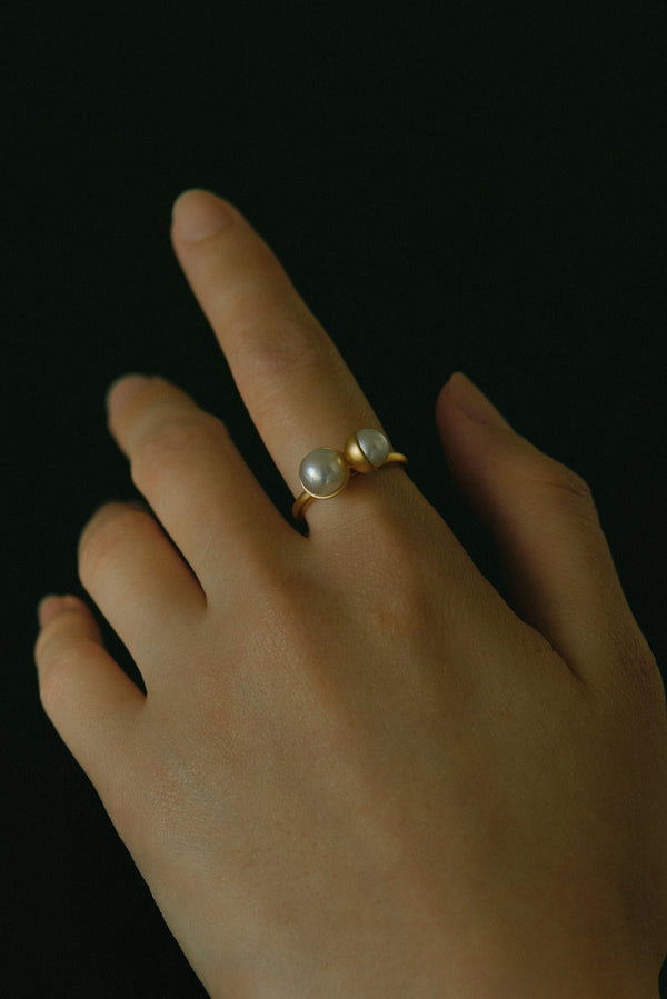 Yukimoto Japan-inspired Bullet Pearls ring featuring natural Akoya pearl and sculptural design