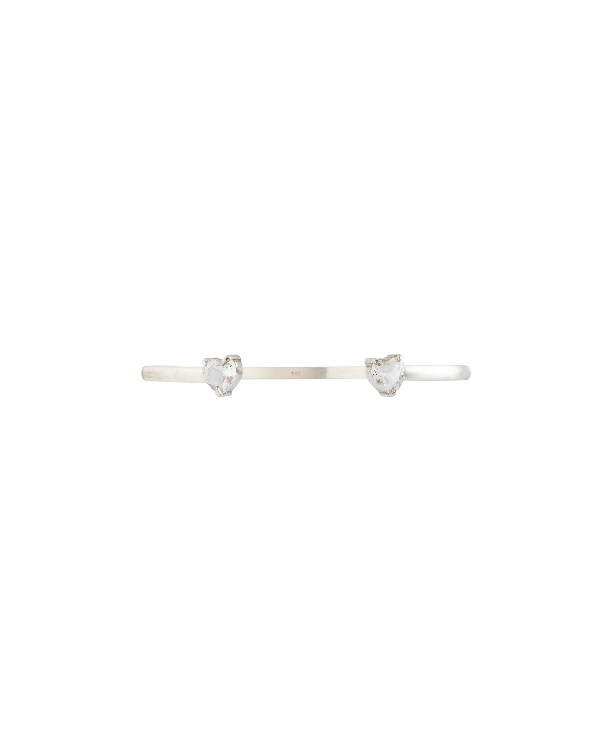 White Noise Echo Bangle featuring two heart-shaped rock crystals on a sleek sterling silver cuff.