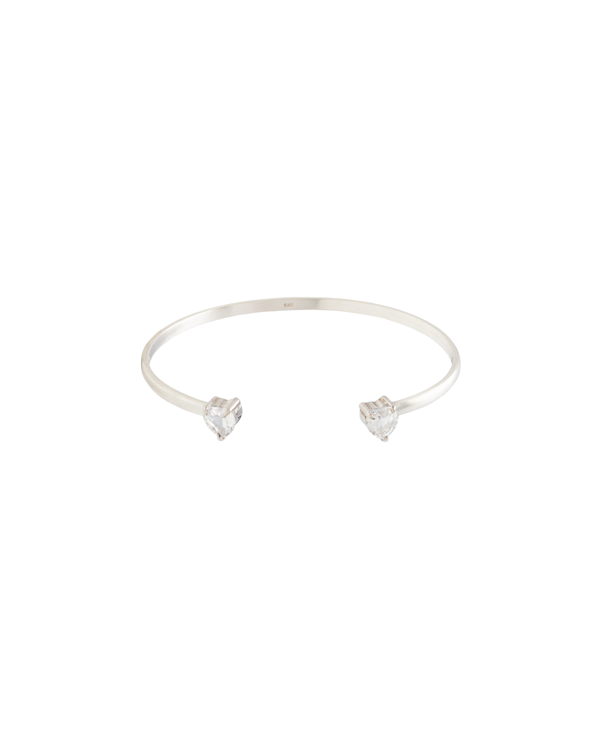 White Noise Echo Bangle made of high-polished sterling silver with two crystal hearts.