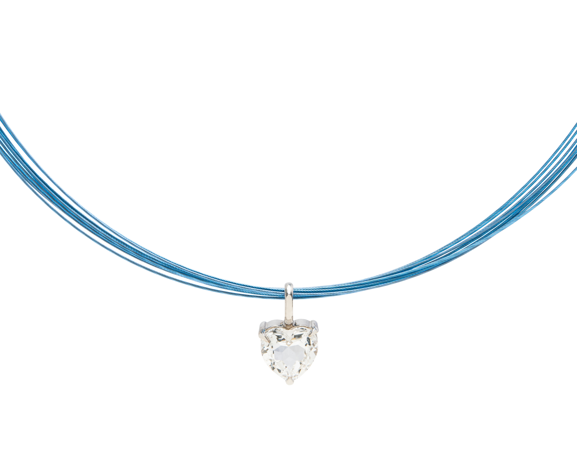 White Noise Beat Pendant Necklace featuring a heart-shaped crystal on a blue multi-strand chain.