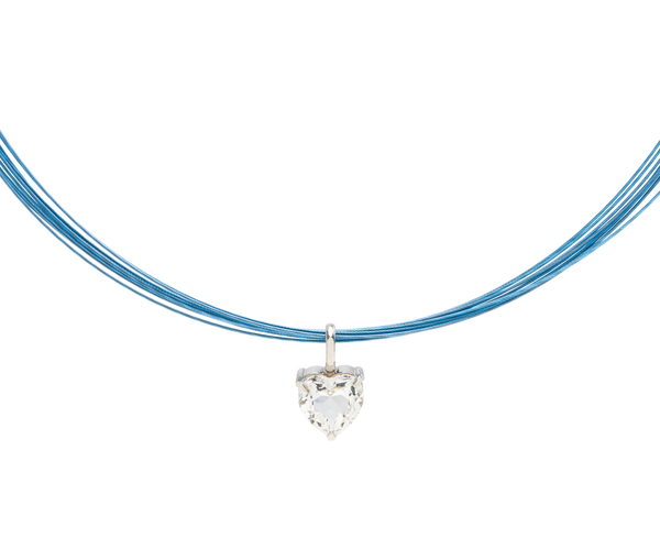 White Noise Beat Pendant Necklace featuring a heart-shaped crystal on a blue multi-strand chain.