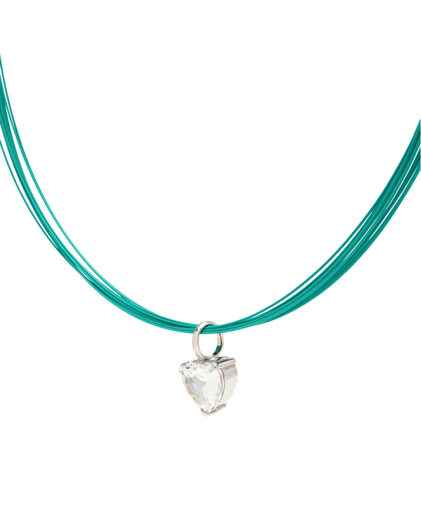 White Noise Beat Pendant Necklace featuring a crystal heart pendant on a turquoise wire.