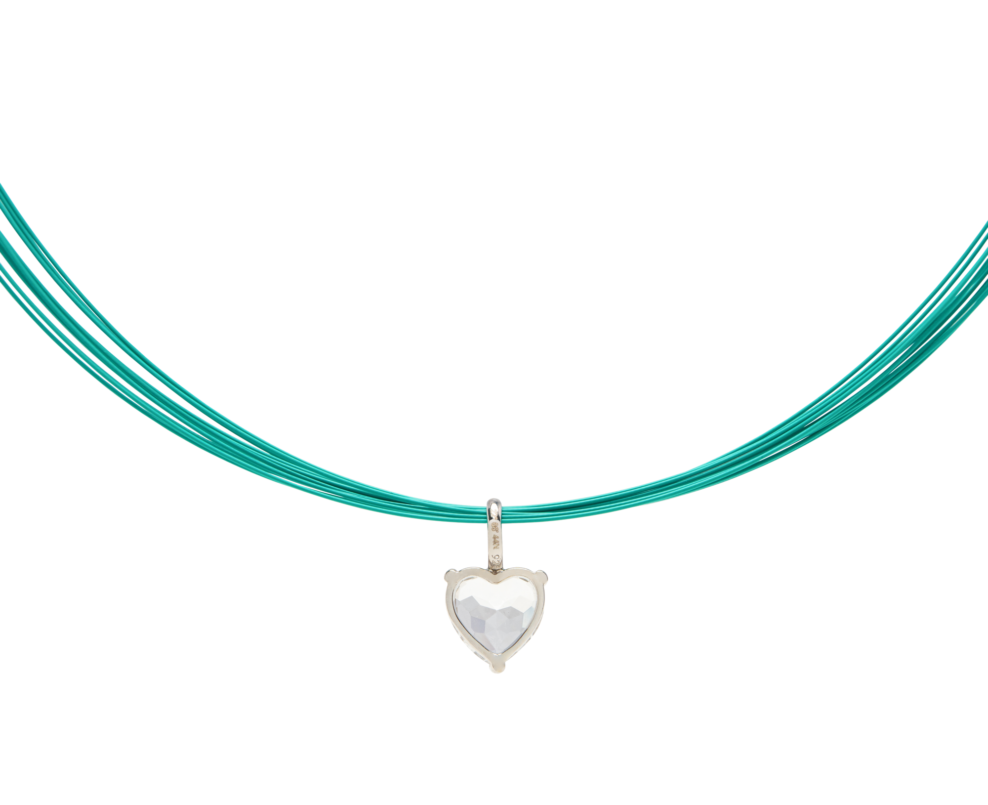 white noise beat necklace featuring a crystal heart pendant in a silver frame on a colorful wire necklace.