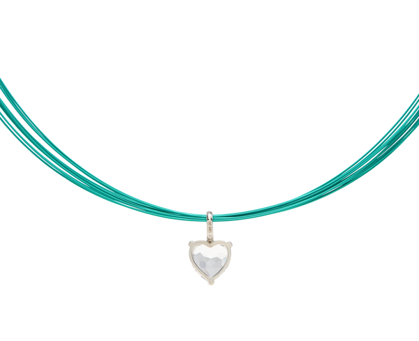 white noise beat necklace featuring a crystal heart pendant in a silver frame on a colorful wire necklace.