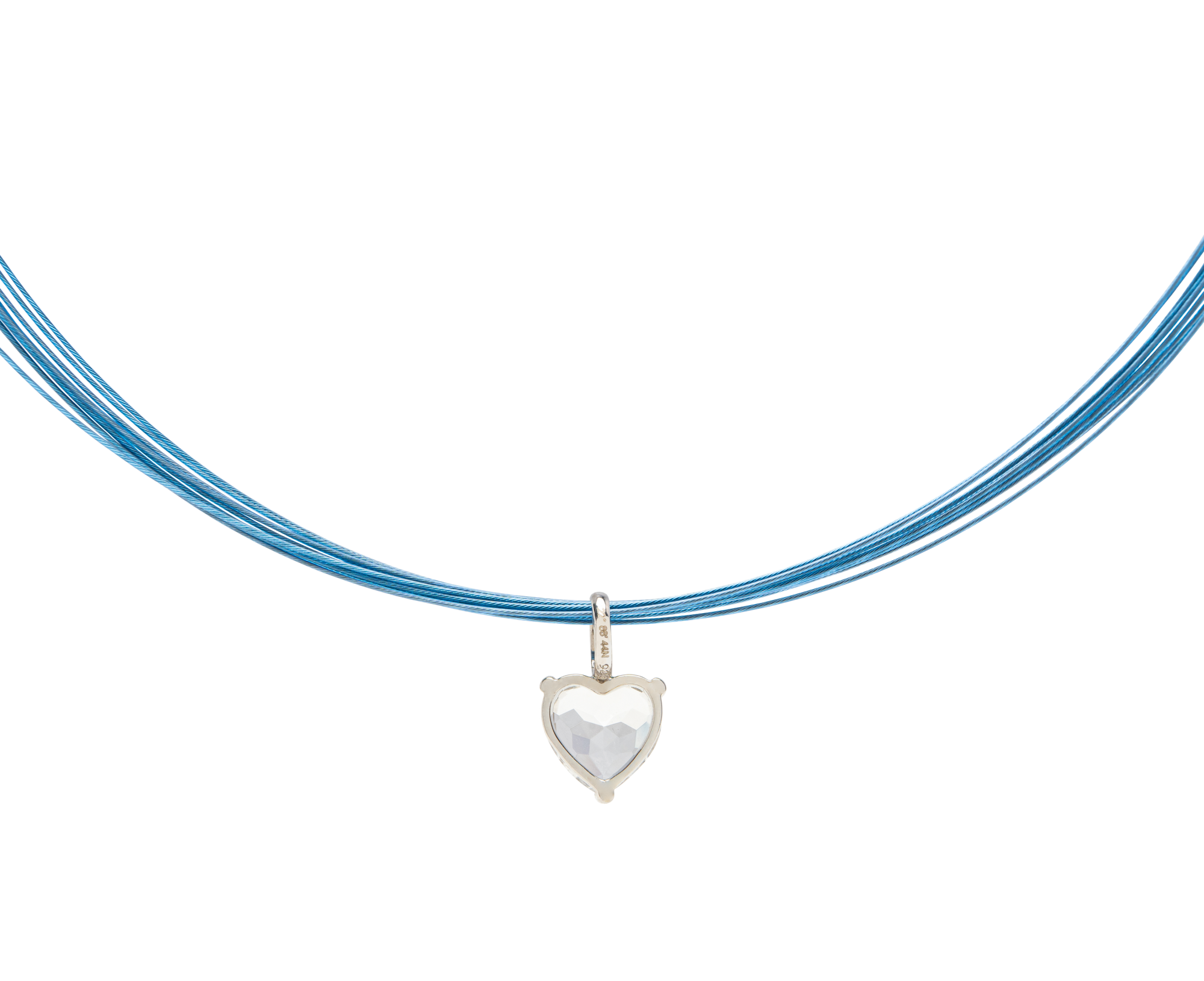 White Noise Beat Pendant Necklace with crystal heart in geometric sterling silver frame on blue strands.