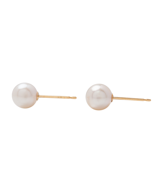 Elegant Akoya pearl ear studs in 18k gold, 6.5mm, symbolizing purity and style for timeless fashion.