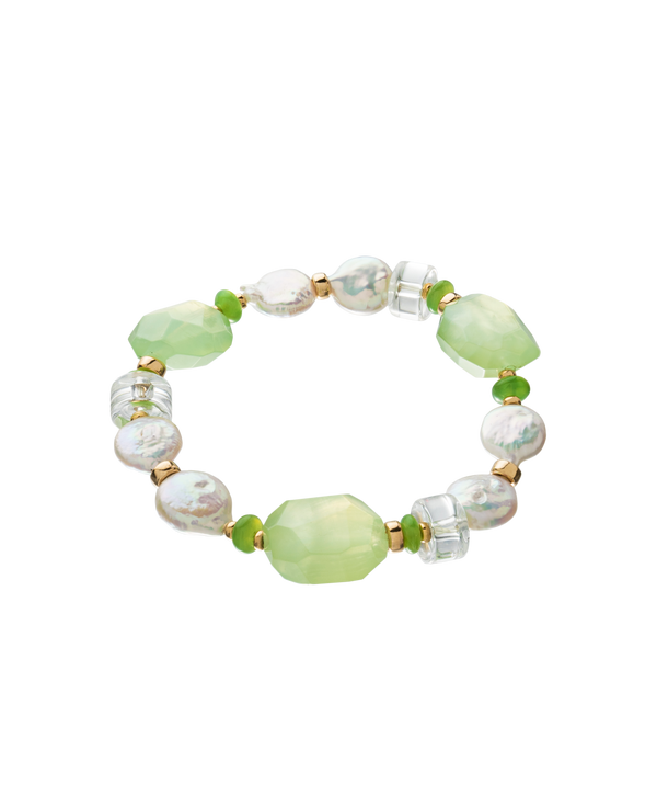 I Am Not Perfect x Forest Bracelet featuring unique pearls and green gemstones, celebrating confidence and individuality.