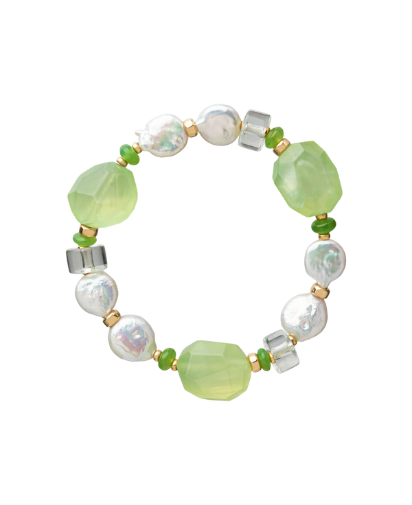I Am Not Perfect x Forest Bracelet featuring unique baroque pearls and green gemstones, celebrating nature's beauty.