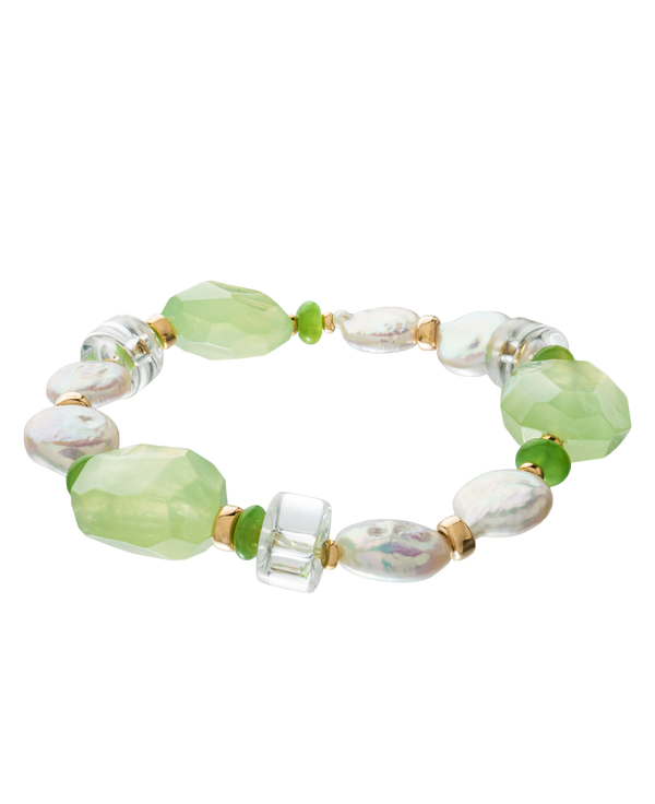 I Am Not Perfect x Forest Bracelet featuring unique green and pearl baroque beads, symbolizing chic confidence.
