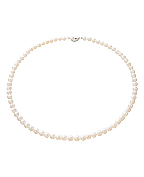 Elegant Akoya pearl necklace, 5.5–6mm pearls, round, lustrous design, a symbol of purity and June's birthstone.
