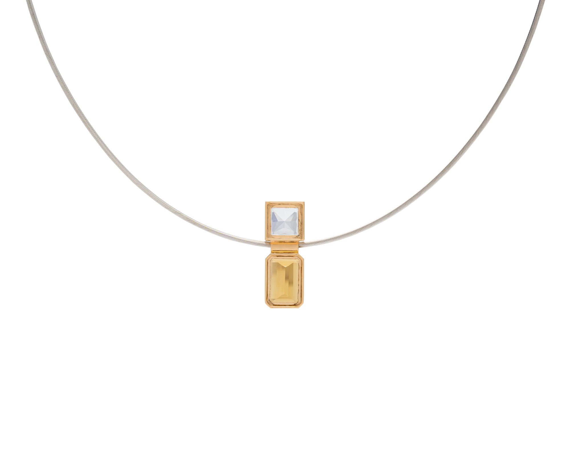 Elevé Yellow Emerald x Topaz pipe pendant with 18k gold detailing, featuring yellow emerald and clear topaz gemstones.