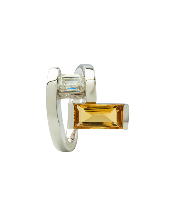Elevé Yellow Emerald x Topaz Staircase Ring in white gold with step-cut stones, a perfect blend of elegance and vibrant color.