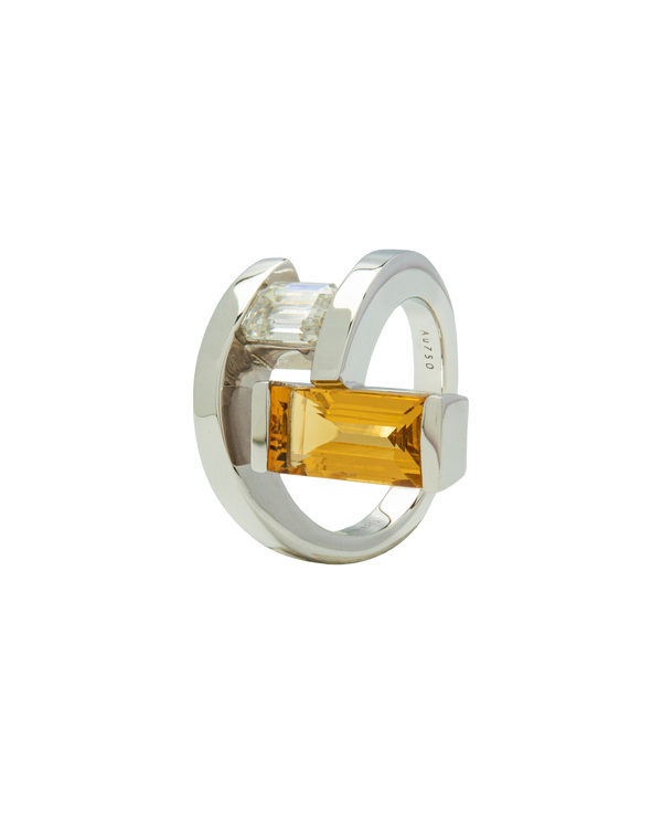 Elevé Yellow Emerald and Topaz Staircase Ring in white gold, showcasing elegant step-cut design and luxurious finish.