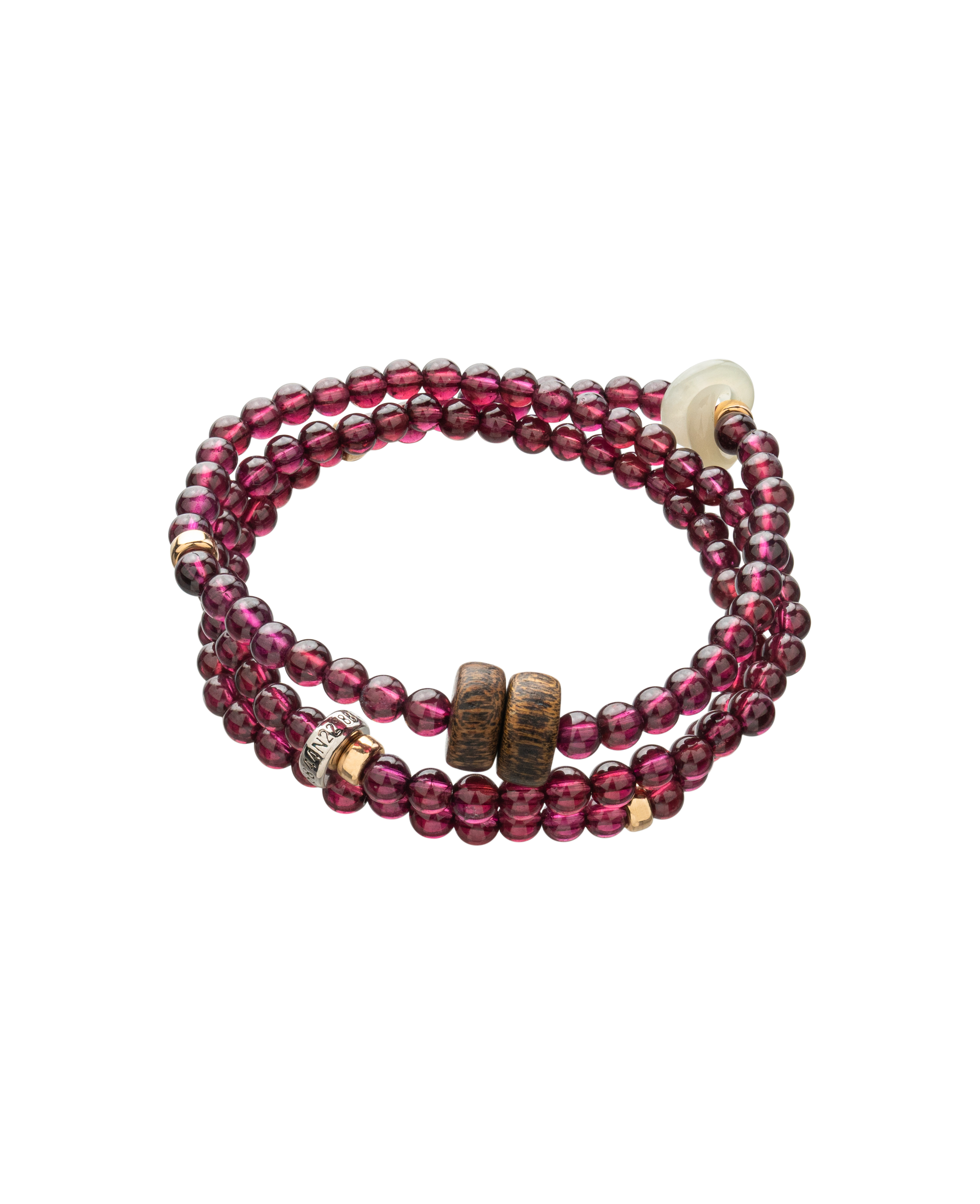 Triple wrap garnet agarwood jade bracelet on white background