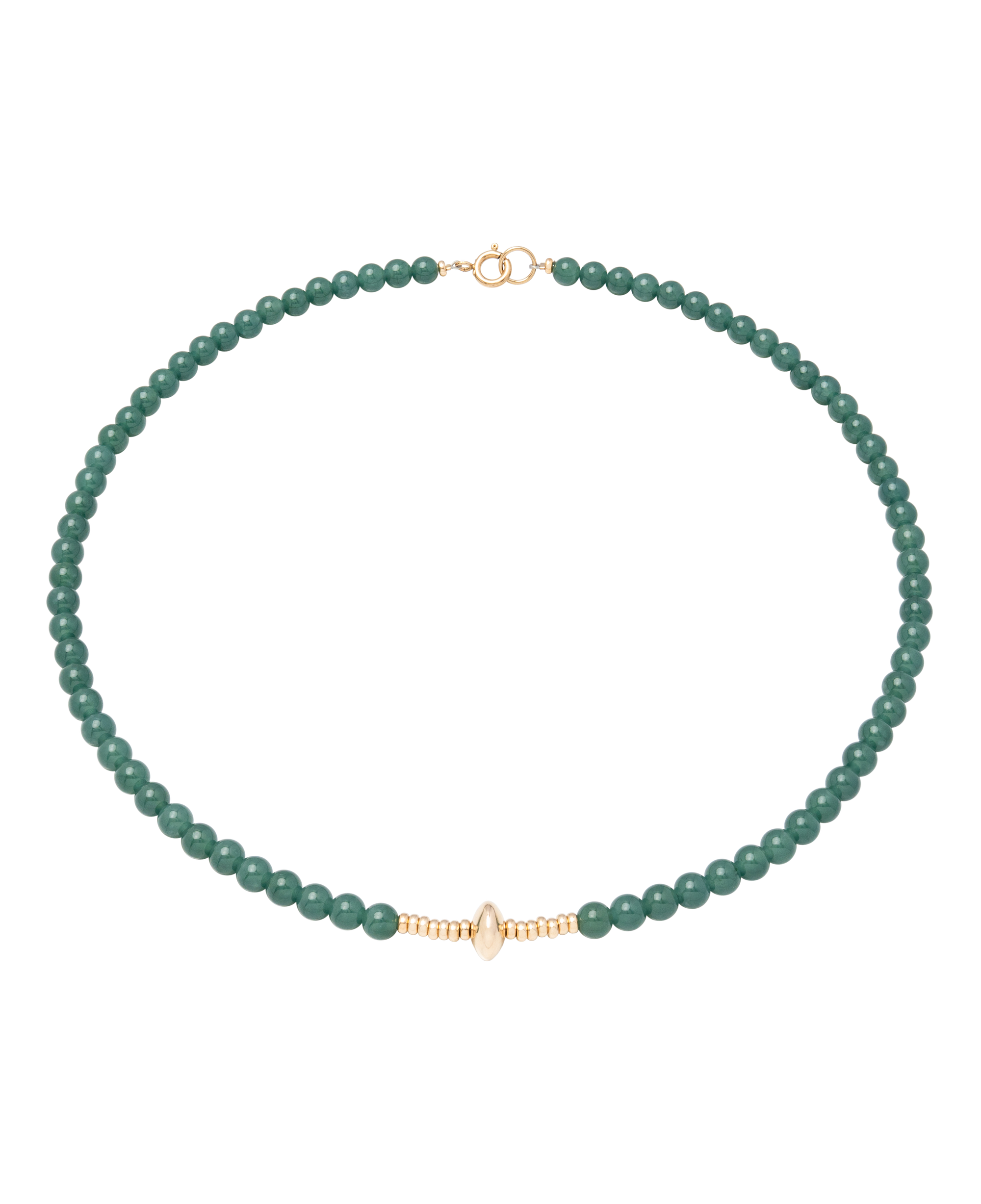 Green Alloy Jadeite Necklace featuring Bluewater jadeite beads and a gold centerpiece.