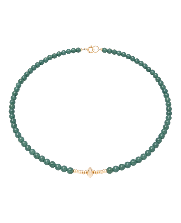 Green Alloy Jadeite Necklace featuring Bluewater jadeite beads and a gold centerpiece.