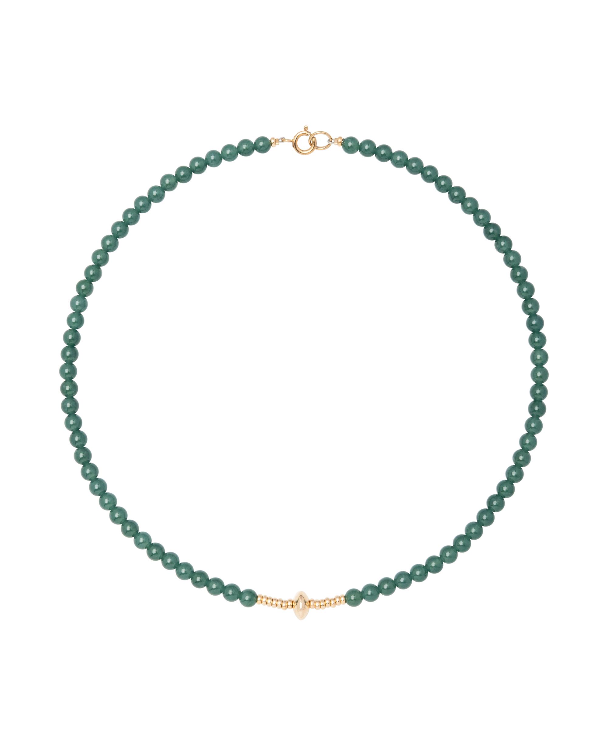 Green Alloy Jadeite Necklace featuring blue-green jadeite beads and a gold centerpiece.
