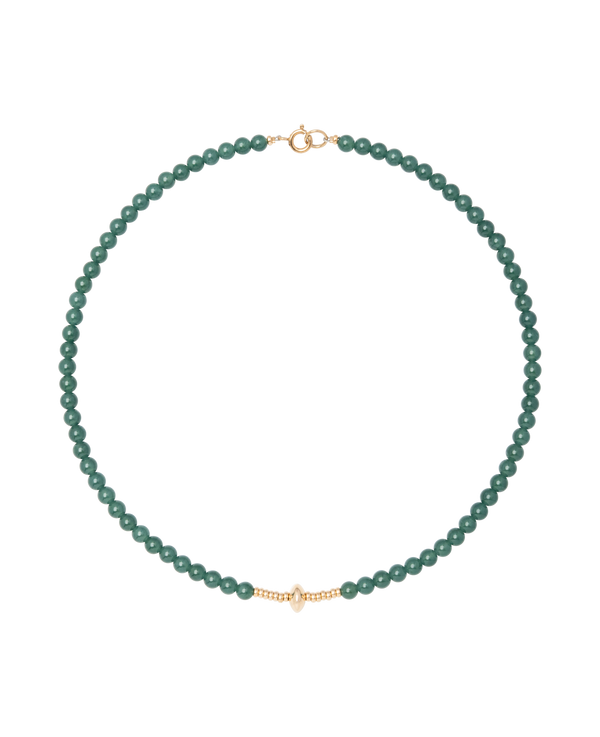 Green Alloy Jadeite Necklace featuring blue-green jadeite beads and a gold centerpiece.