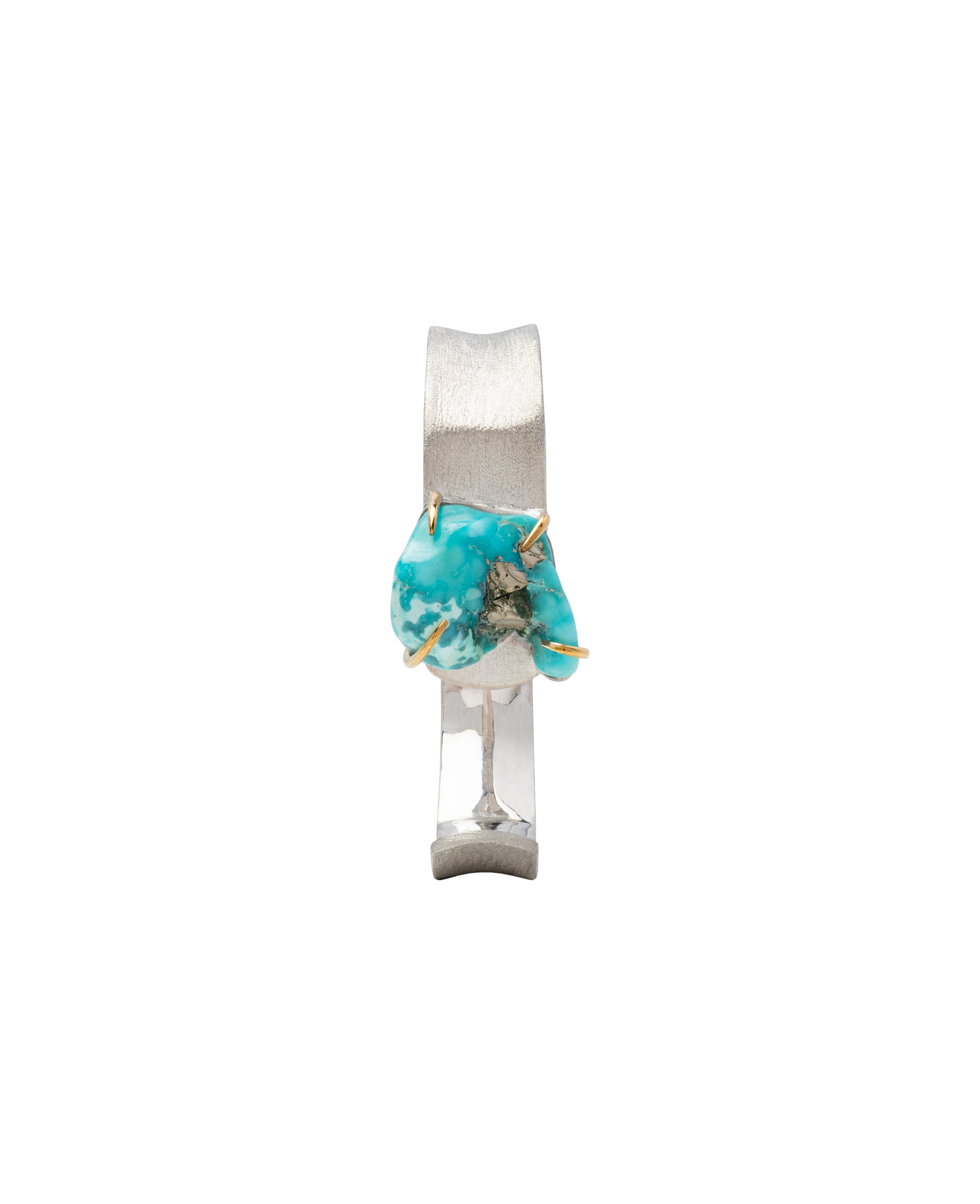 Handmade raw turquoise bangle featuring unique irregular stone formation with pyrite accents.