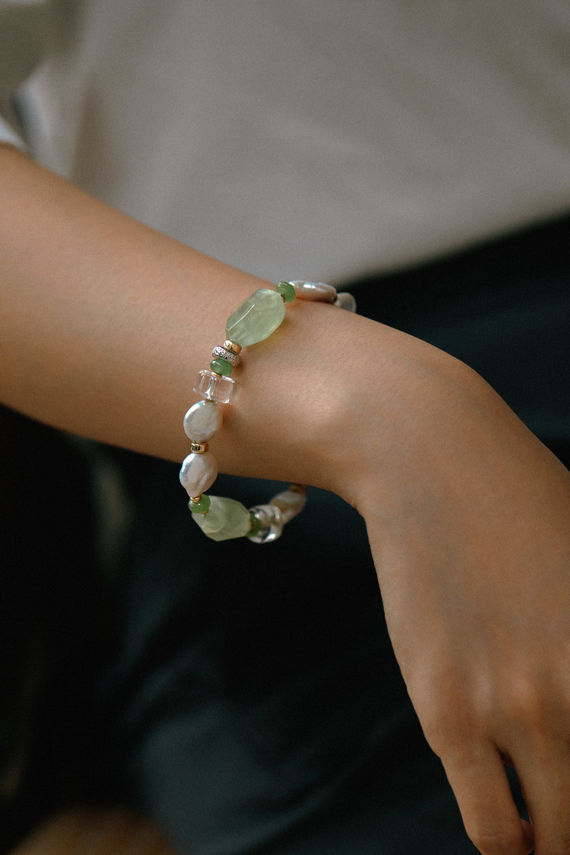 I Am Not Perfect x Forest Bracelet showcasing unique baroque pearls and stylish design on wrist.
