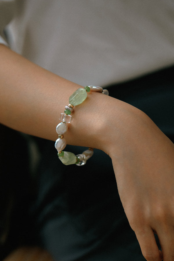 I Am Not Perfect x Forest Bracelet showcasing unique baroque pearls and stylish design on wrist.