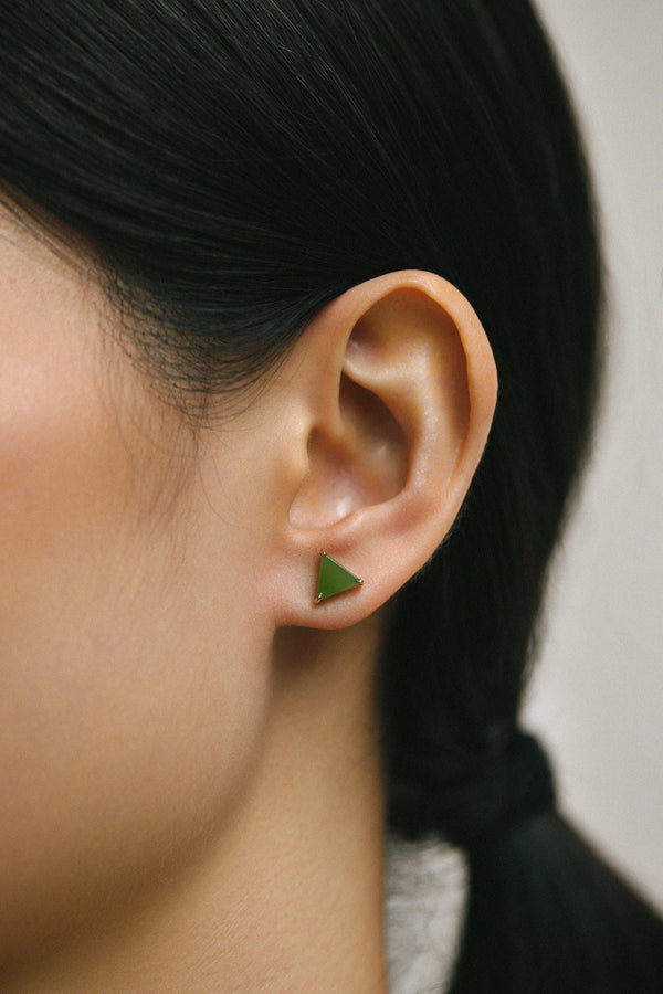 Handcrafted Trigon ear studs with vivid green jade stones