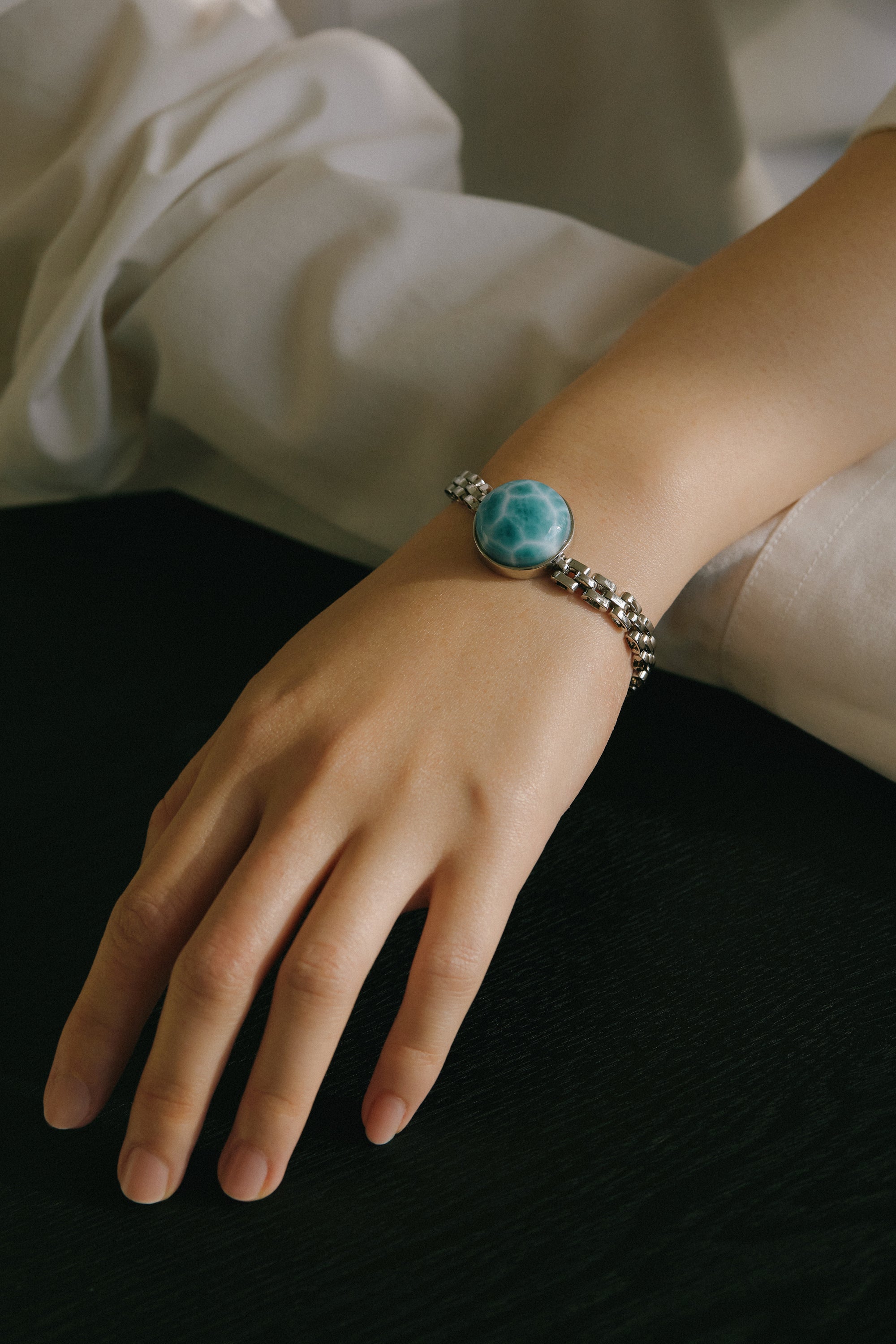 Elegant Larimar chain bracelet inspired by ocean energy