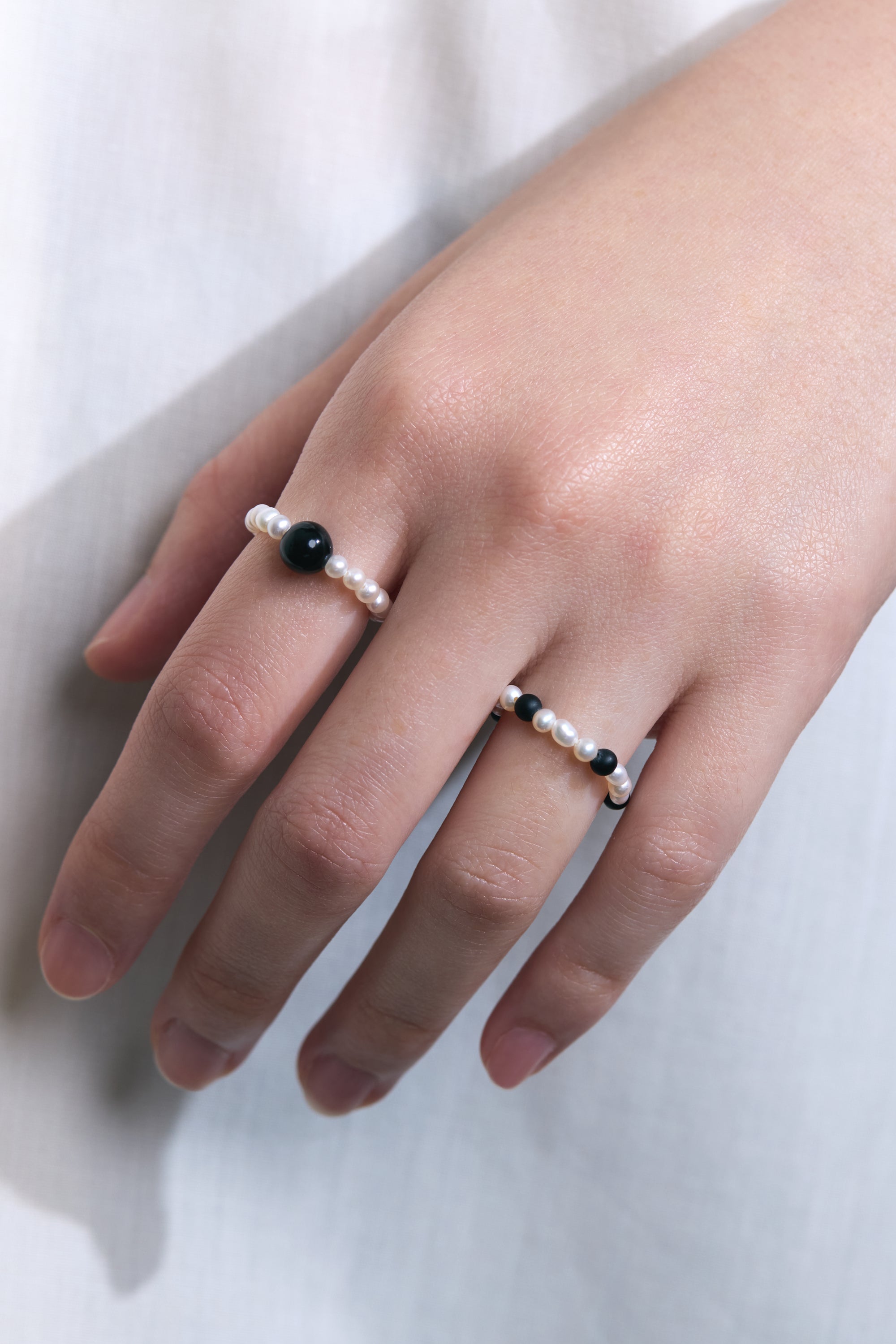 Moon & Midnight Obsidian & Pearl Ring Duo