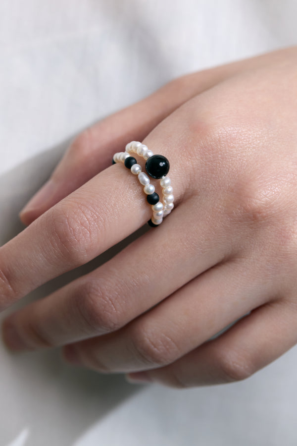 Moon & Midnight Obsidian & Pearl Ring Duo
