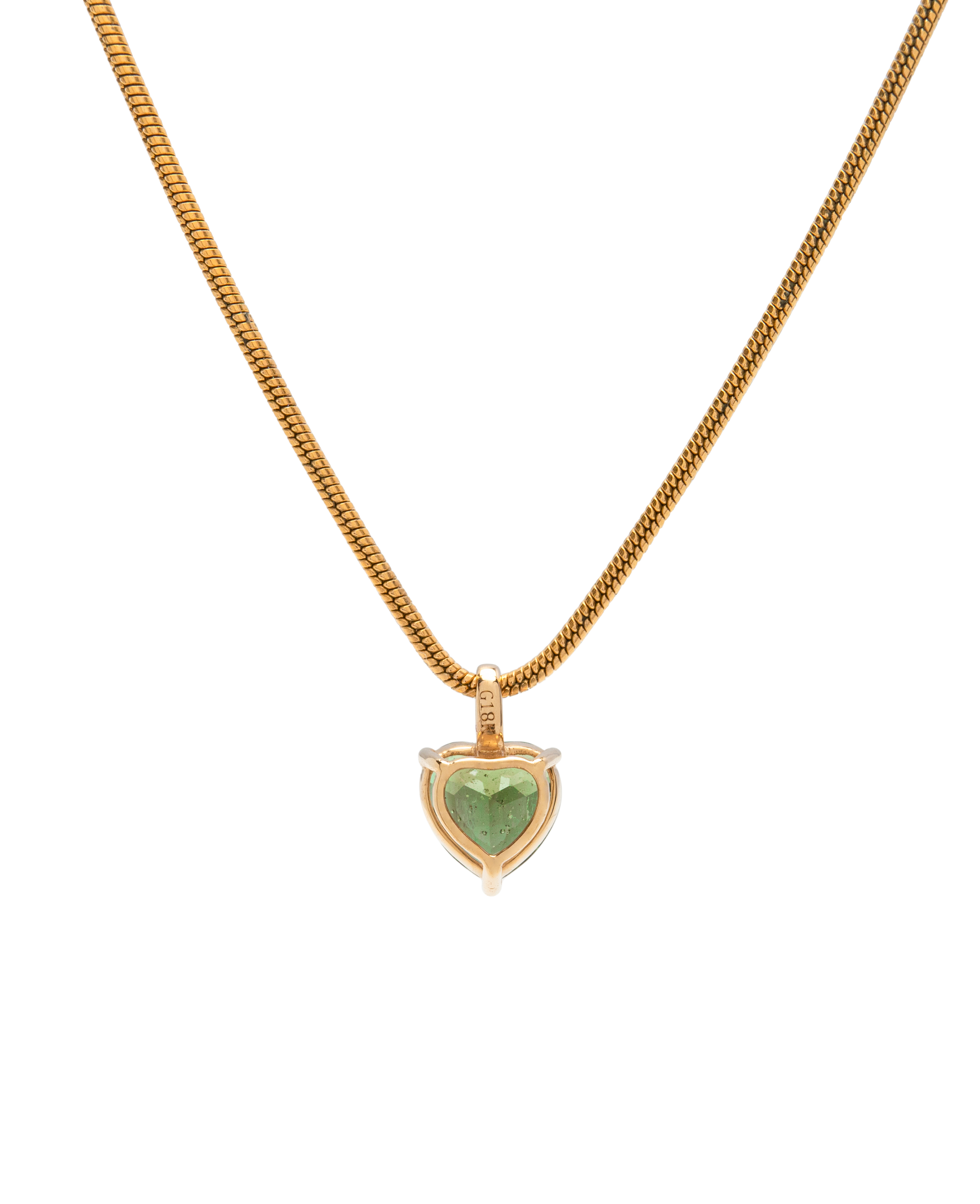 Heart-shaped Moldavite pendant in 18k gold, showcasing rich olive-green hue and natural brilliance without a chain.