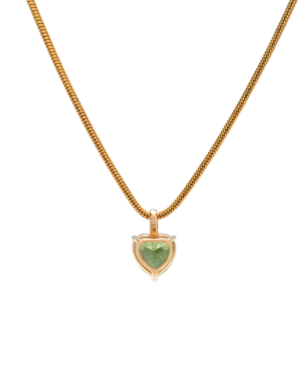 Heart-shaped Moldavite pendant in 18k gold, showcasing rich olive-green hue and natural brilliance without a chain.