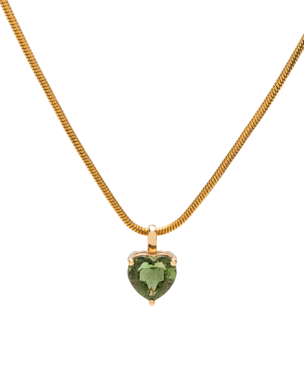 Delicate heart-shaped Moldavite pendant in 18k gold, showcasing rich olive-green hues and clarity.