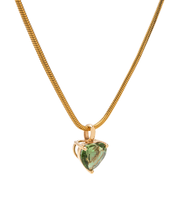 Gold heart-shaped Moldavite pendant, showcasing rich olive-green hues and high clarity, beautiful jewelry piece.