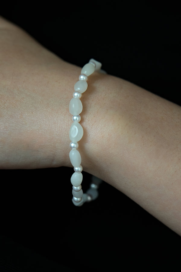 Pure White Hetian Jade Zi Liao & Biwa Pearl Bracelet