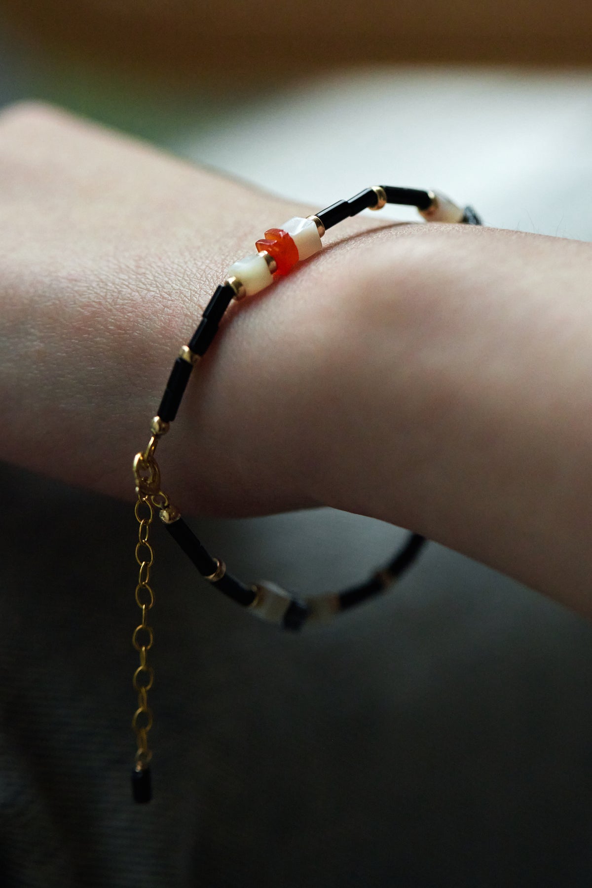 Black Onyx & Orange Onyx  & Hematite & Seashell Bracelet