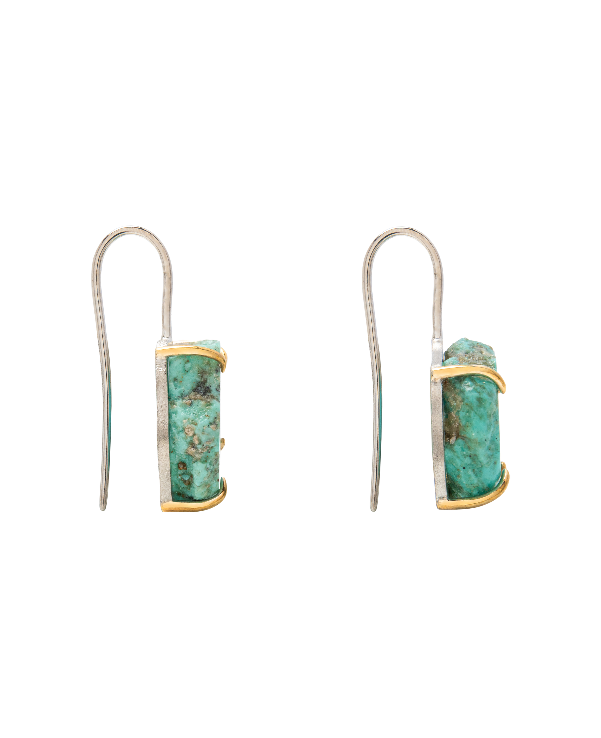 Raw turquoise handmade ear hook earrings in claw setting, showcasing natural beauty and minimalist design.