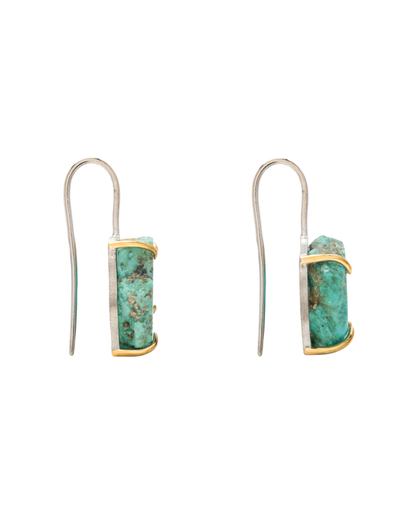 Raw turquoise handmade ear hook earrings in claw setting, showcasing natural beauty and minimalist design.