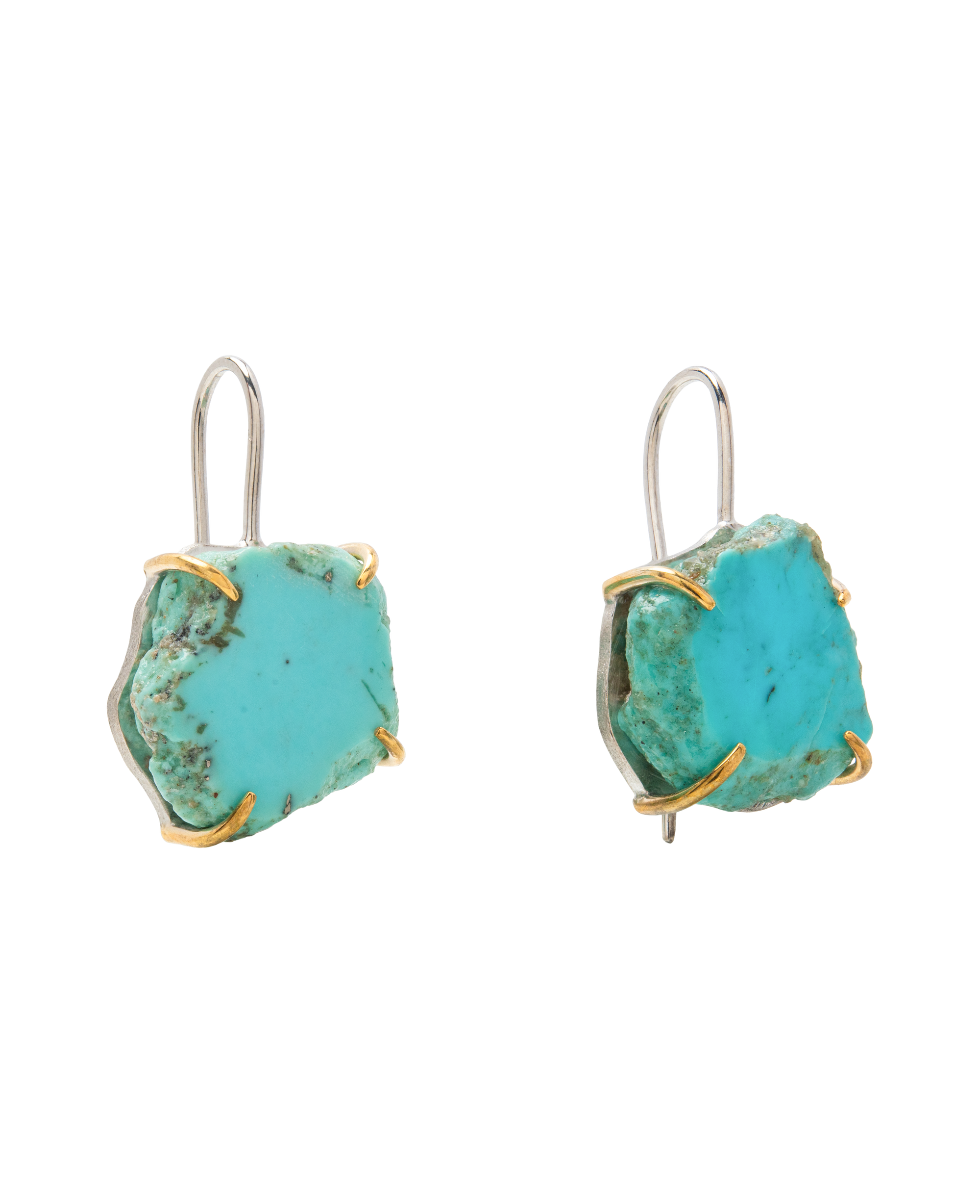Raw turquoise handmade ear hook earrings showcasing natural edges and claw set design.