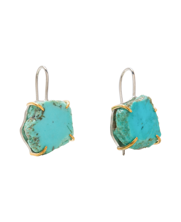 Raw turquoise handmade ear hook earrings showcasing natural edges and claw set design.