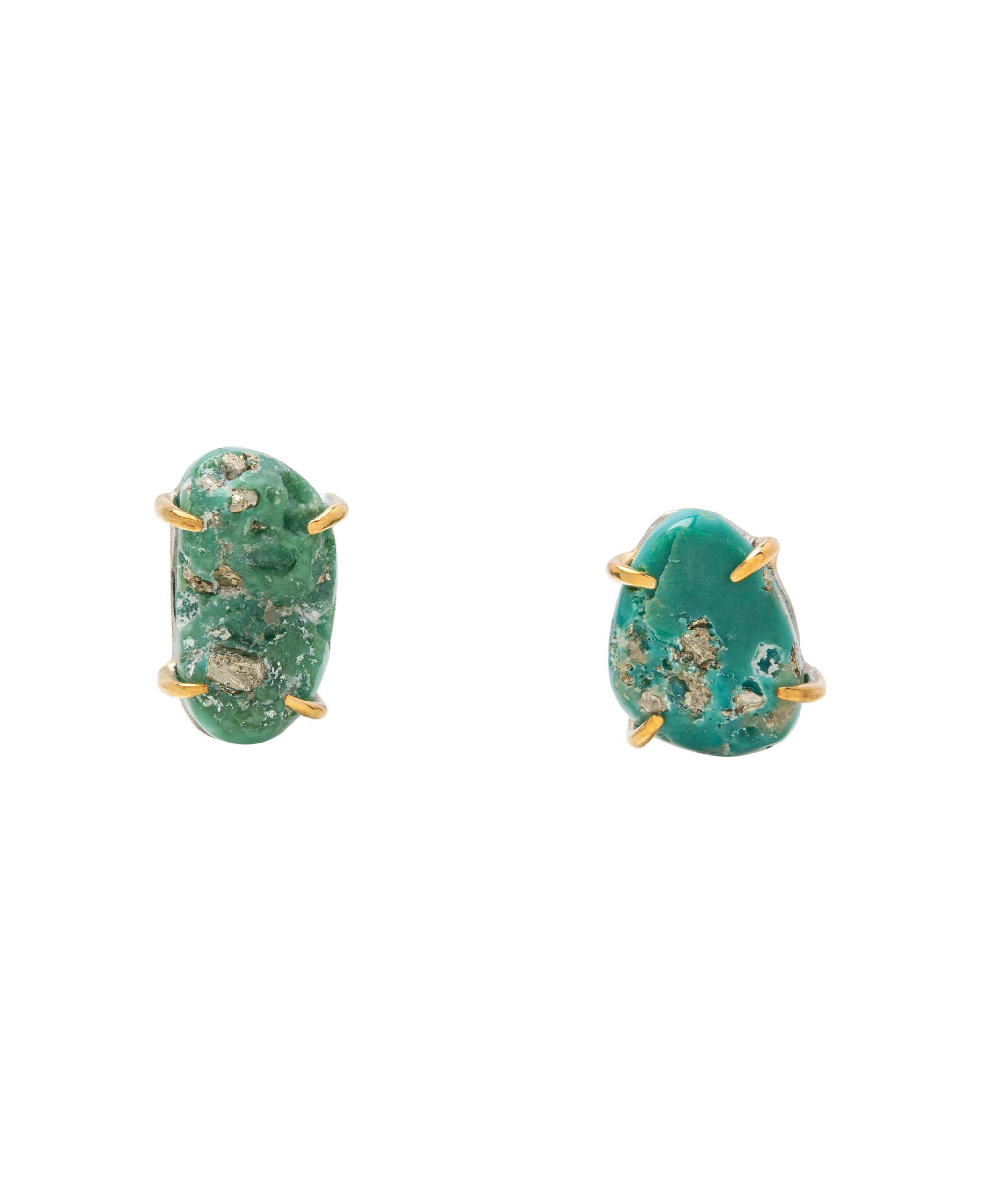 Raw turquoise ear studs with pyrite flecks, handcrafted in Japan, showcasing natural beauty and unique design.