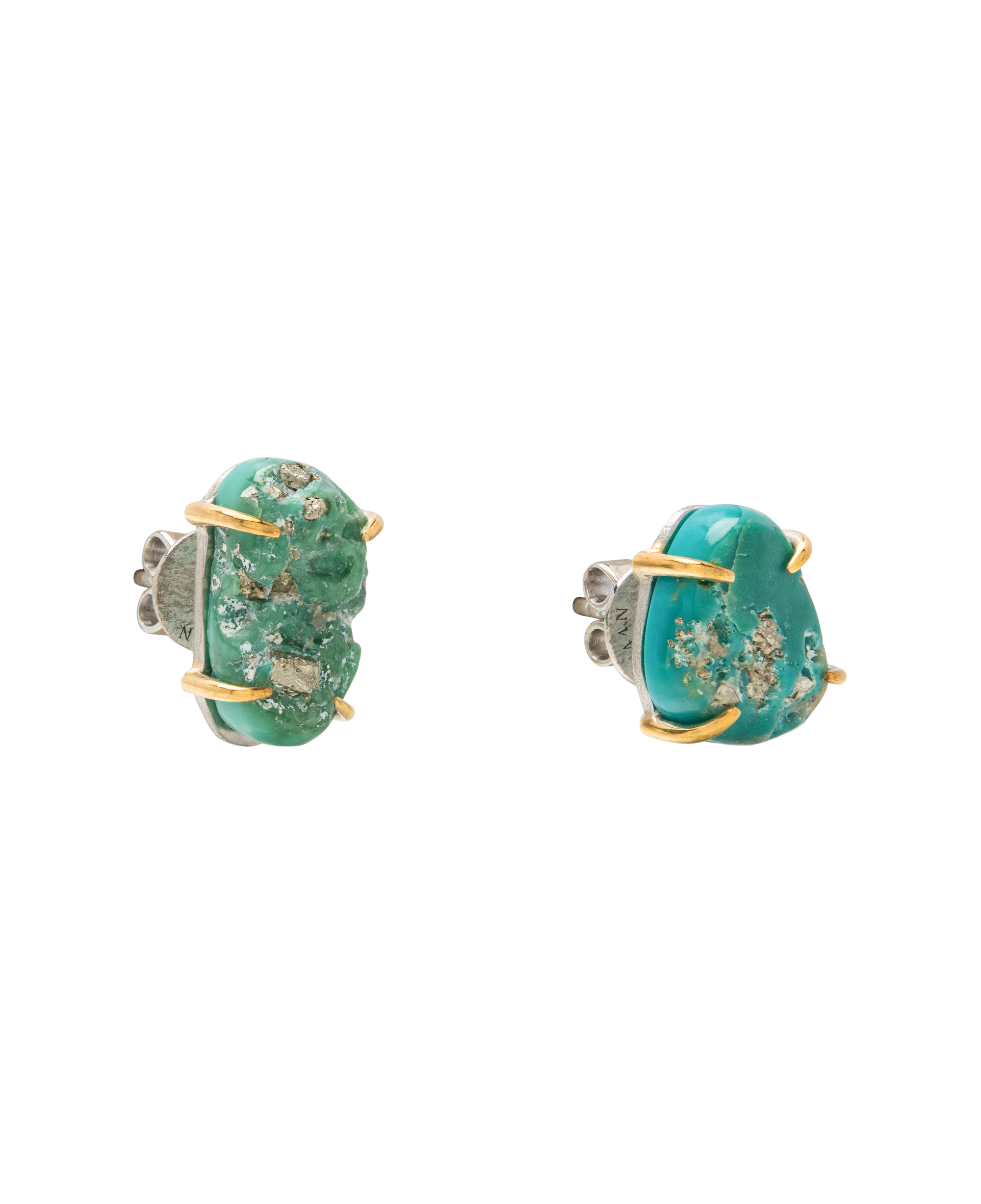 Raw turquoise ear studs with pyrite flecks, handcrafted from natural materials, showcasing earthy blue-green tones.