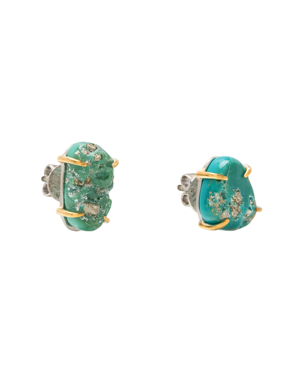 Raw turquoise ear studs with pyrite flecks, handcrafted from natural materials, showcasing earthy blue-green tones.