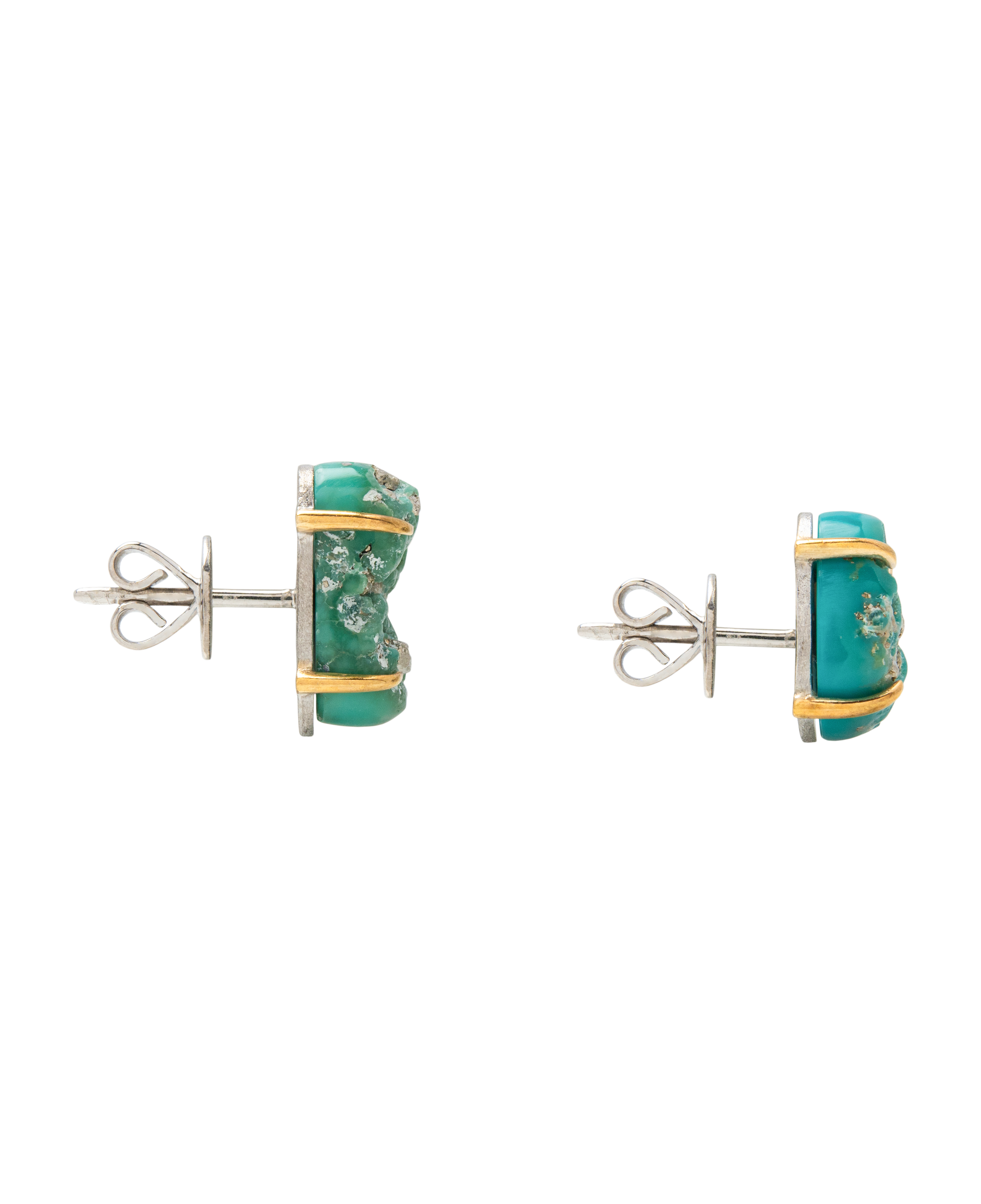 Handmade raw turquoise ear studs featuring natural flecks of pyrite, showcasing earthy blue-green tones.