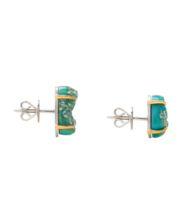 Handmade raw turquoise ear studs featuring natural flecks of pyrite, showcasing earthy blue-green tones.