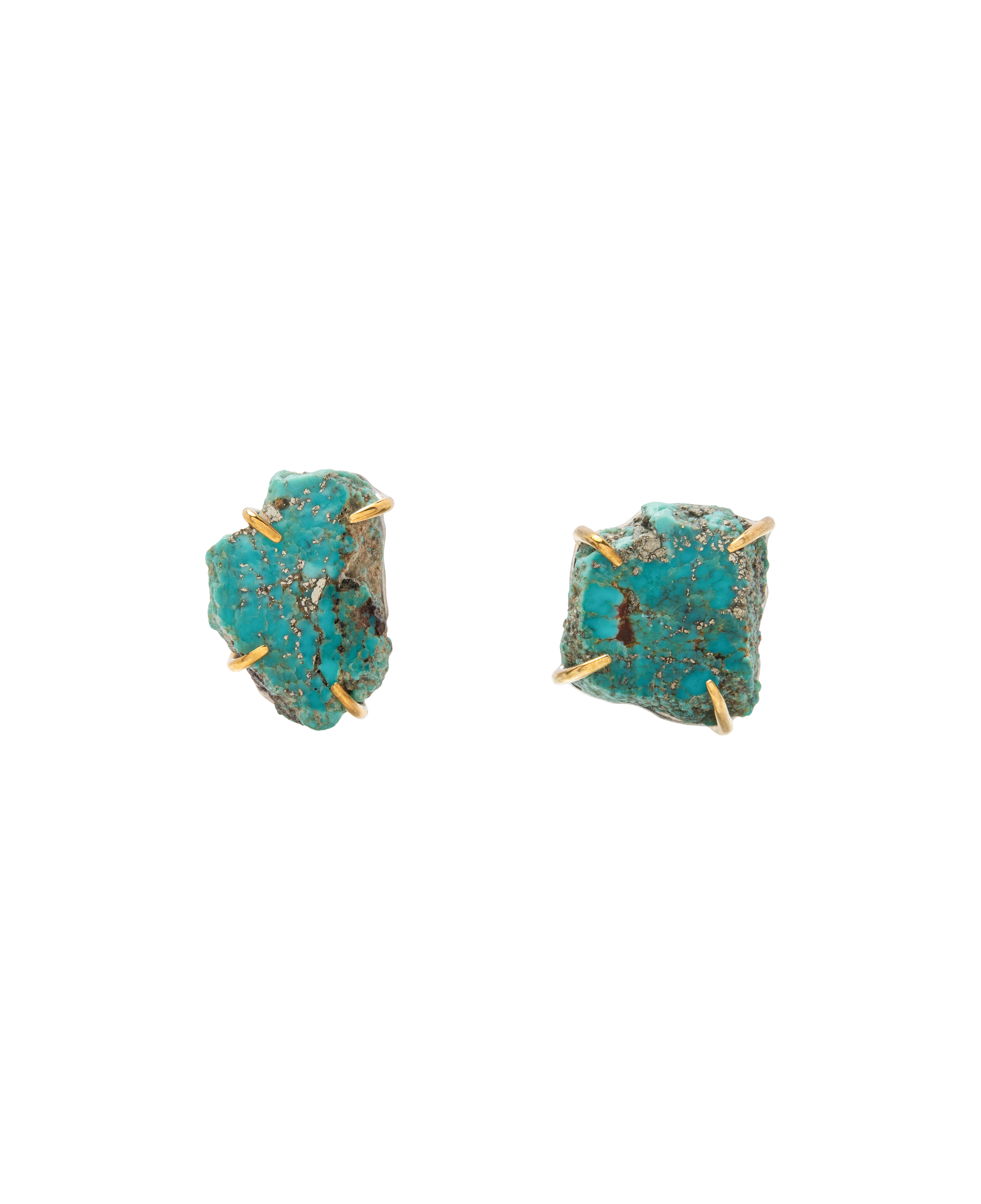 Handmade raw turquoise ear studs set in gold claws, showcasing natural turquoise with flecks of pyrite.