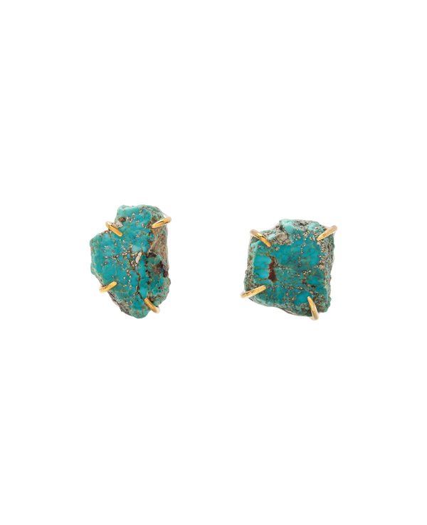 Handmade raw turquoise ear studs set in gold claws, showcasing natural turquoise with flecks of pyrite.