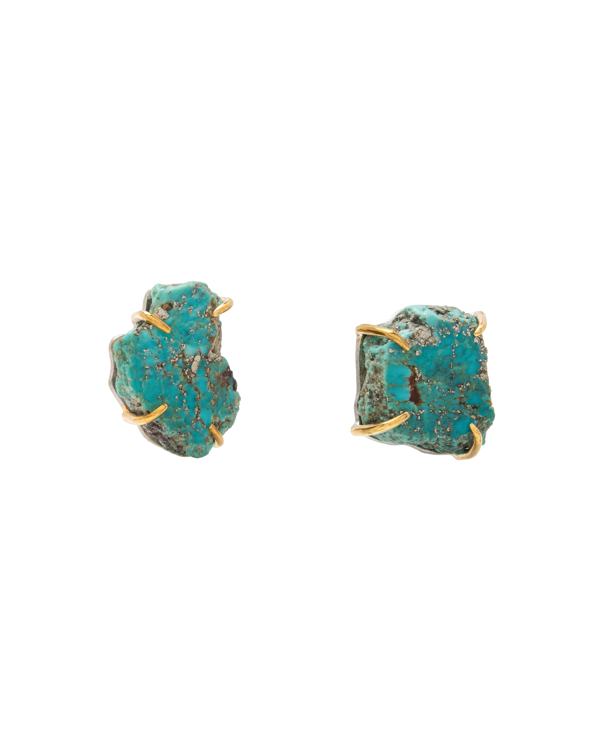 Handmade turquoise ear studs, featuring raw gemstone with pyrite flecks, claw set in gold, perfect for minimalist boho style.