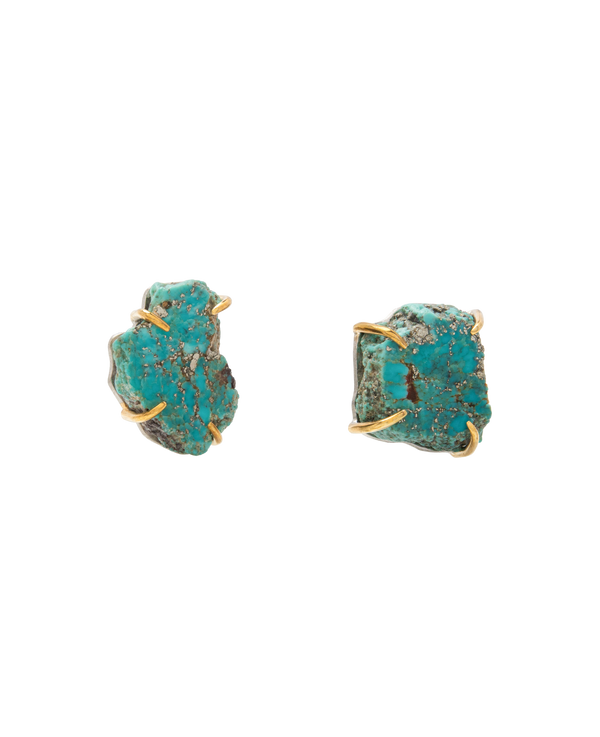 Handmade turquoise ear studs, featuring raw gemstone with pyrite flecks, claw set in gold, perfect for minimalist boho style.