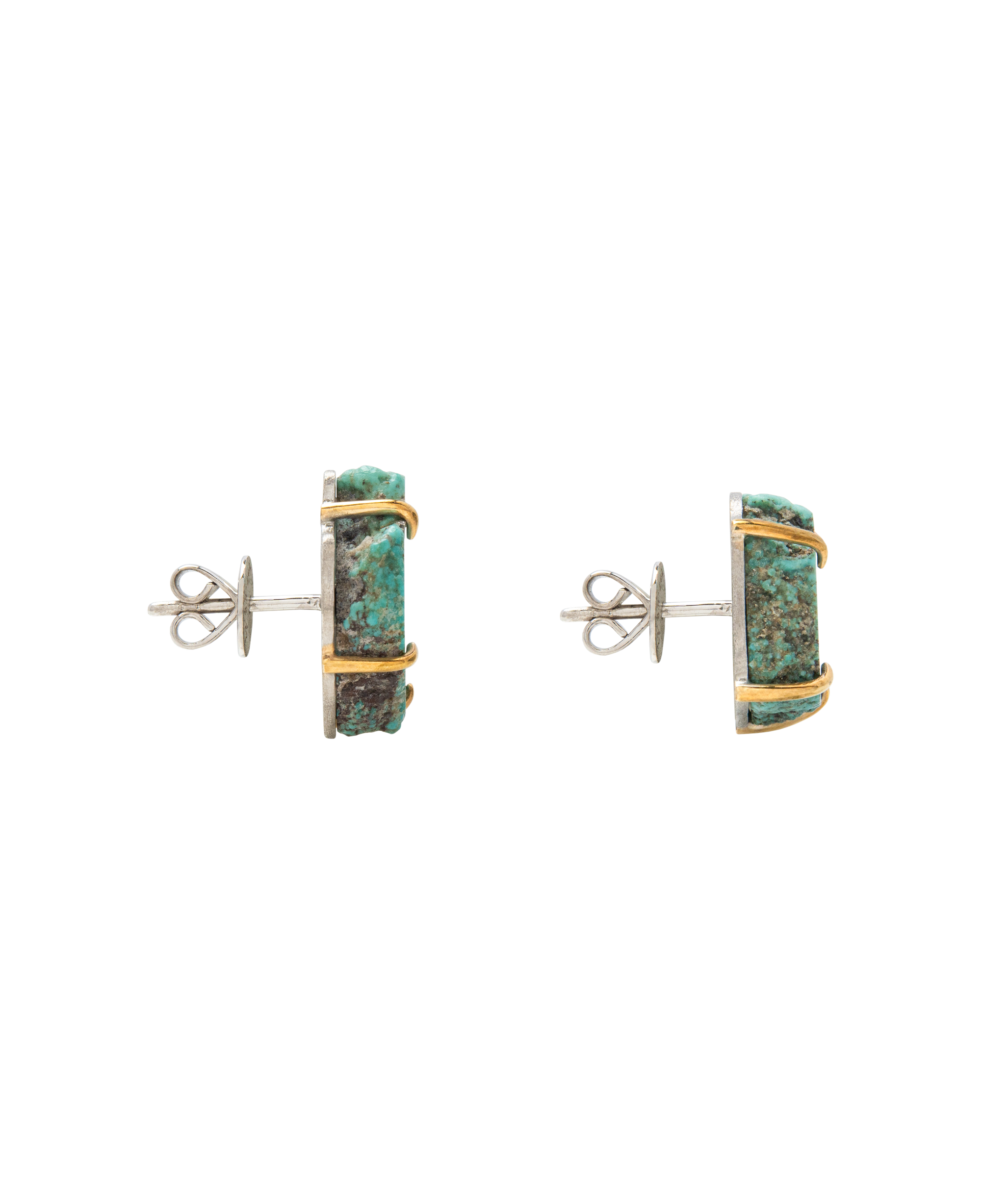 Handmade turquoise ear studs featuring raw gemstone with pyrite, perfect for minimalist boho jewelry enthusiasts.